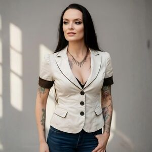 Bebe ✦ Ivory Black Piped Short Sleeve Blazer ✦ Button Front Structured Trim 0